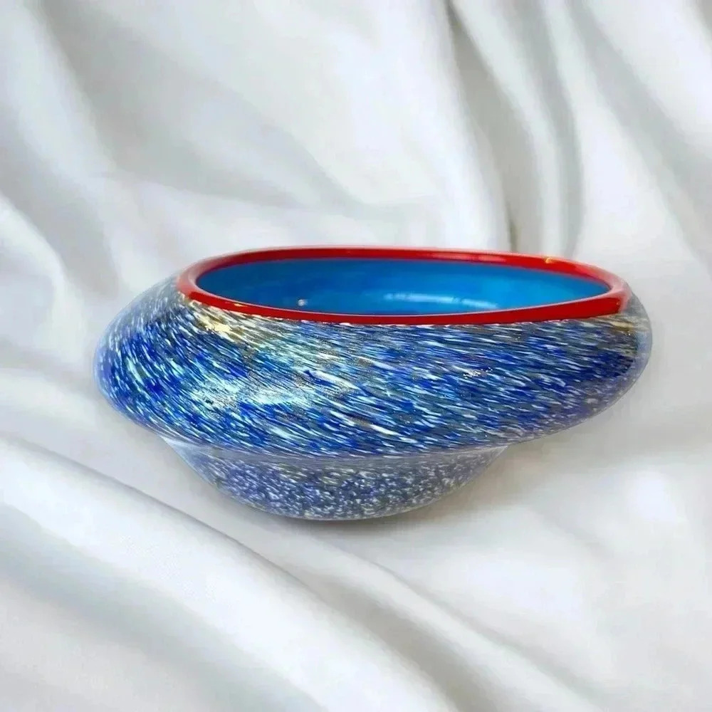 Vintage Blue Handblown Decorative Abstract Bowl